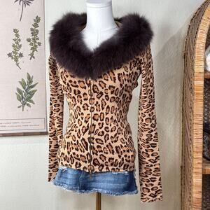 Vintage 90s Y2k Fur Trim Leopard Zip Cardigan Sweater McBling Mob Wife Sexy S